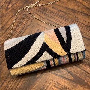 G Lish Woven Multicolor Cylinder Clutch with Chain Strap